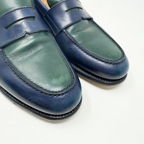 Salvatore Ferragamo Navy & Dark Green Color Block Leather Penny Loafers Size 8EE - Picture 9 of 12